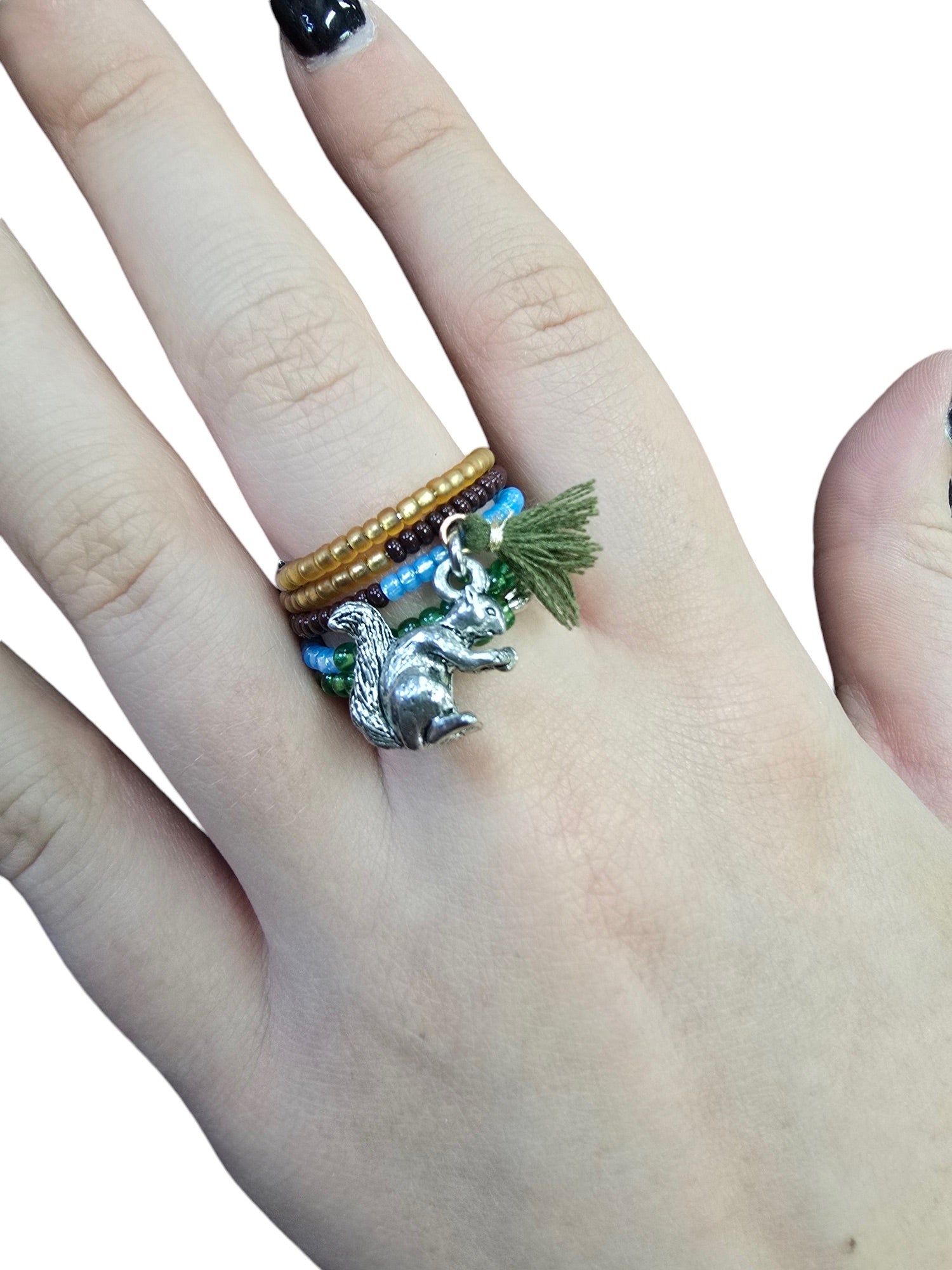 Bohemian Beaded Spiral Ring with Pewter Squirrel Charm | Unique Handmade Jewelry