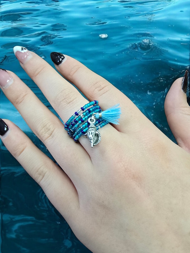 Bohemian Beaded Spiral Ring with Sterling Silver Conch Shell Charm | Unique Handmade Jewelry