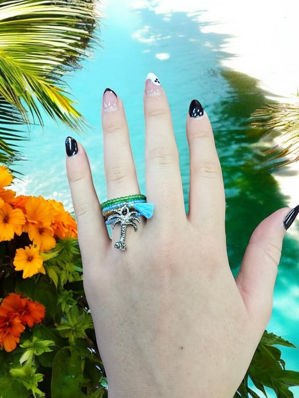 Bohemian Beaded Spiral Ring with Sterling Silver Palm Tree Charm | Unique Handmade Jewelry