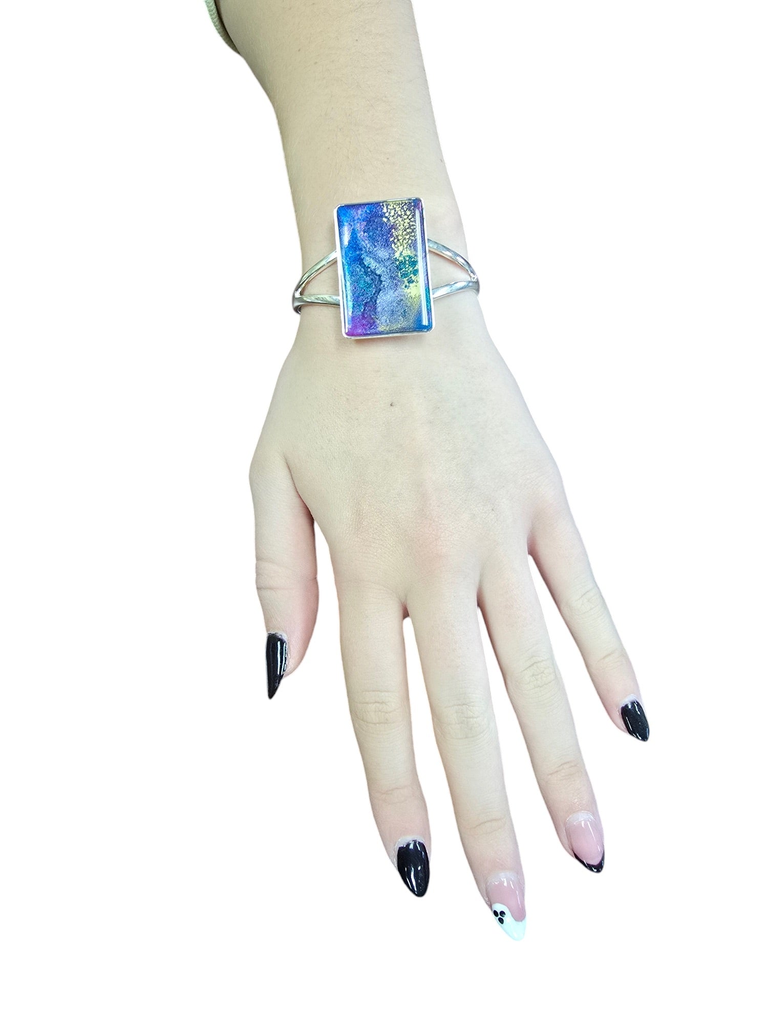 Geometric Sterling Silver Plated Cuff Bracelet with Purple Accents | Unique Handmade Jewelry