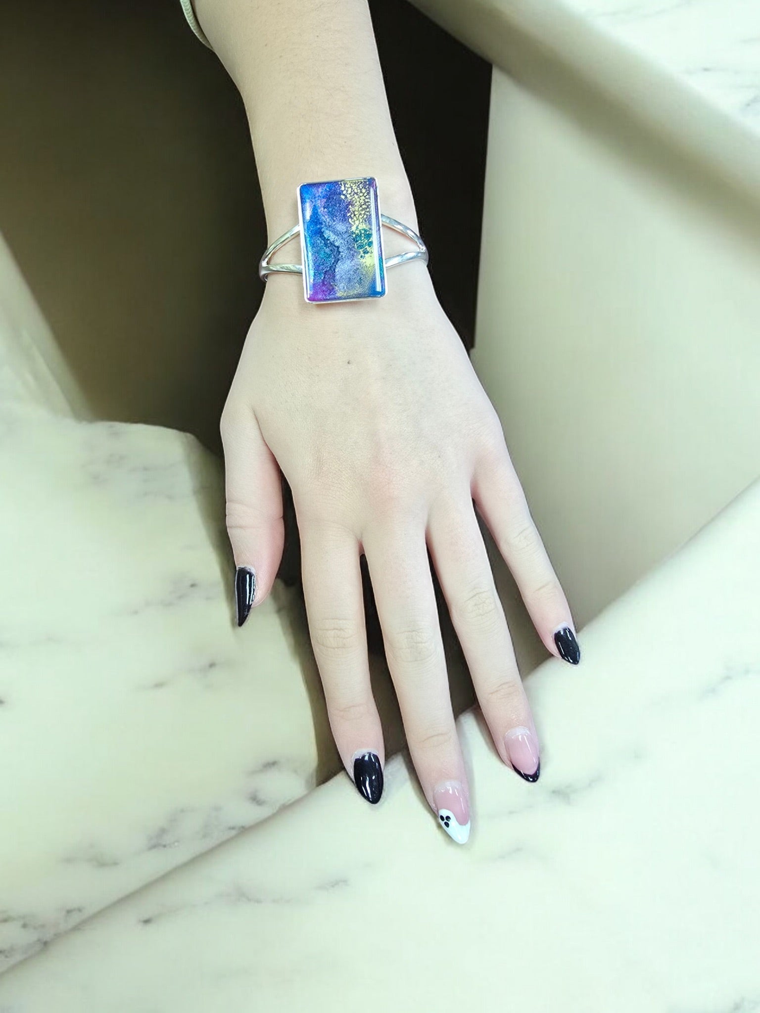 Geometric Sterling Silver Plated Cuff Bracelet with Purple Accents | Unique Handmade Jewelry