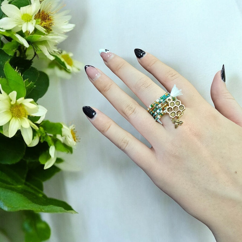 Whimsical Beaded Spiral Ring with Gold Honeycomb and Bumblebee Charm | Unique Handmade Jewelry