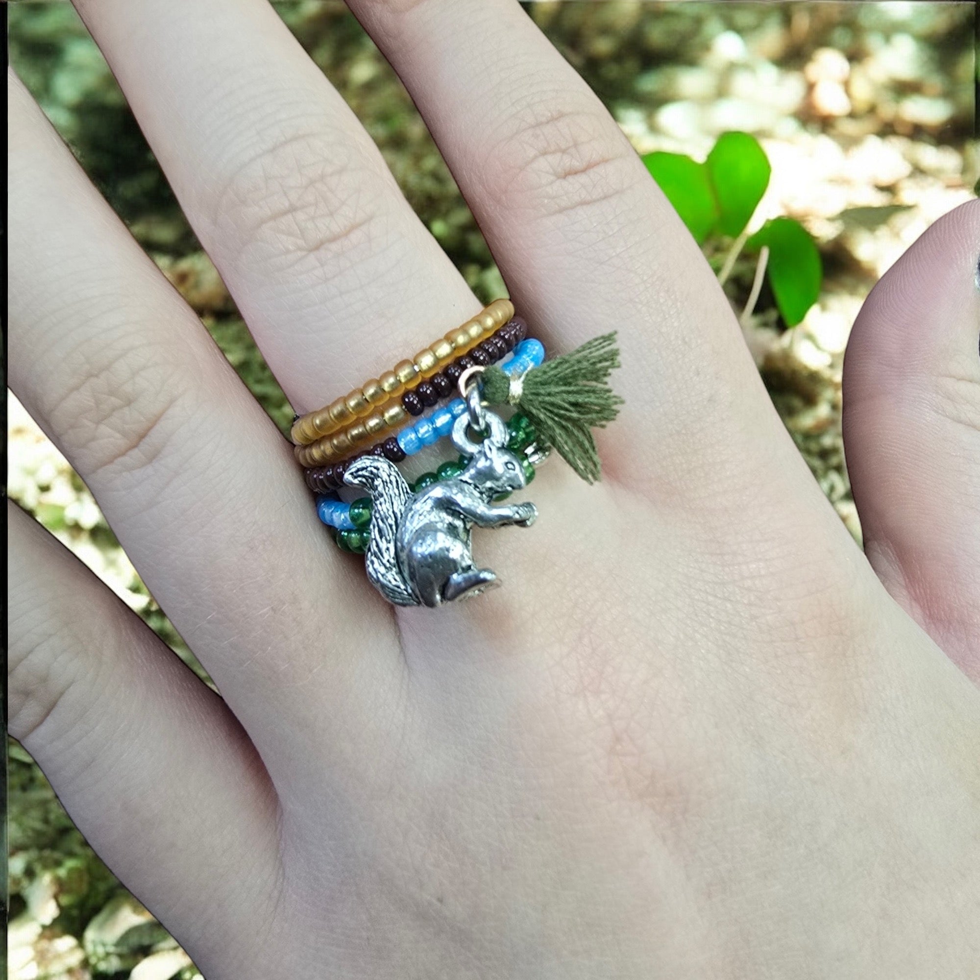 Bohemian Beaded Spiral Ring with Pewter Squirrel Charm | Unique Handmade Jewelry