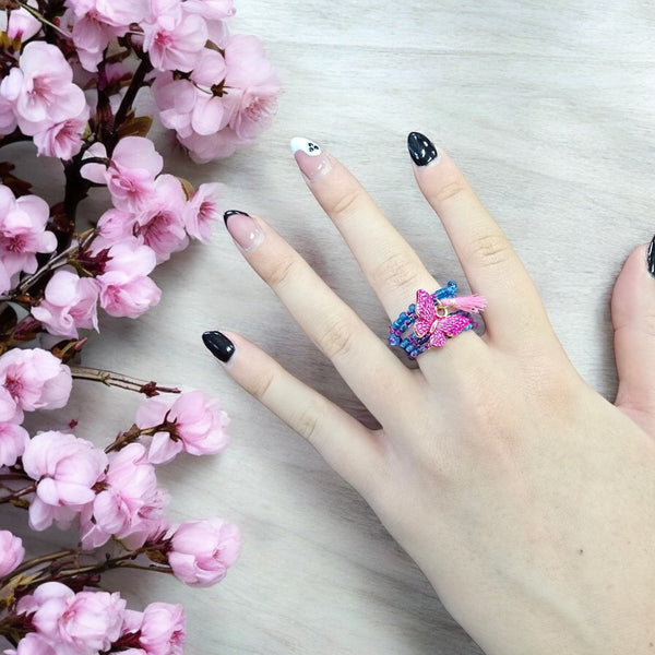 Bohemian Beaded Spiral Ring with Pink Butterfly Charm | Unique Handmade Jewelry