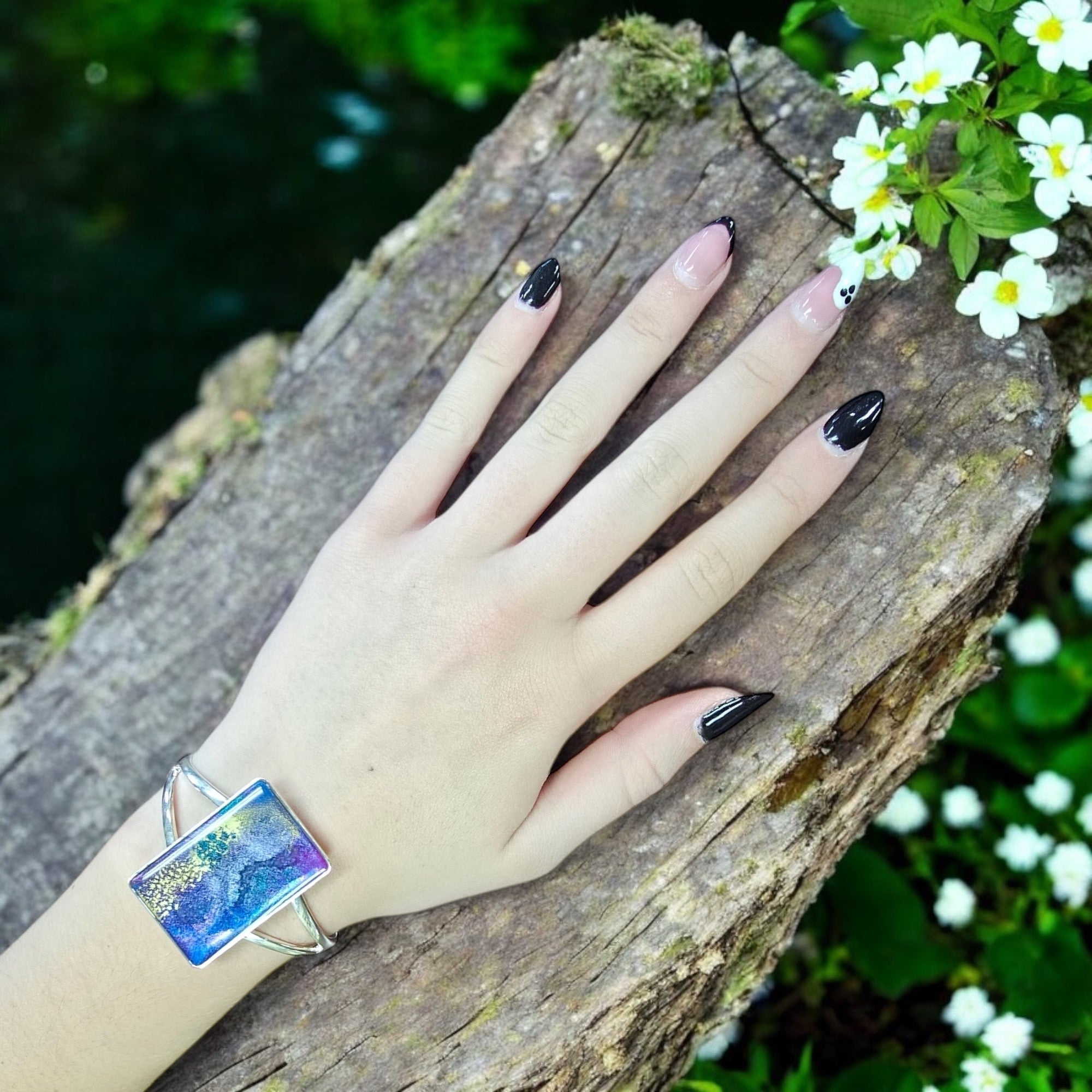 Geometric Sterling Silver Plated Cuff Bracelet with Purple Accents | Unique Handmade Jewelry