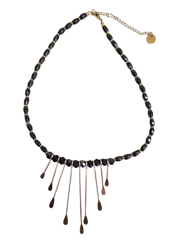 Hematite and Black Crystal Necklace with Golden Paddles | Unique Handmade Jewelry