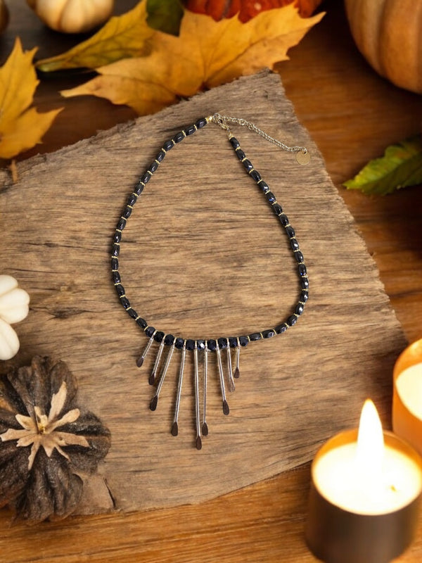 Hematite and Black Crystal Necklace with Golden Paddles | Unique Handmade Jewelry