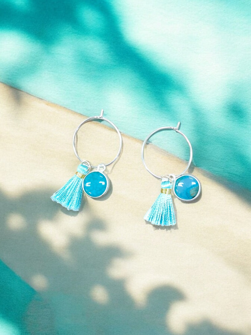 Sterling Silver Hoop Earrings with Teal Tassel and Amazonite Charm | Unique Handmade Jewelry