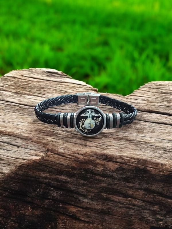 Black Braided Leather Bracelet with EGA Resin Centerpiece | Patriotic Jewelry