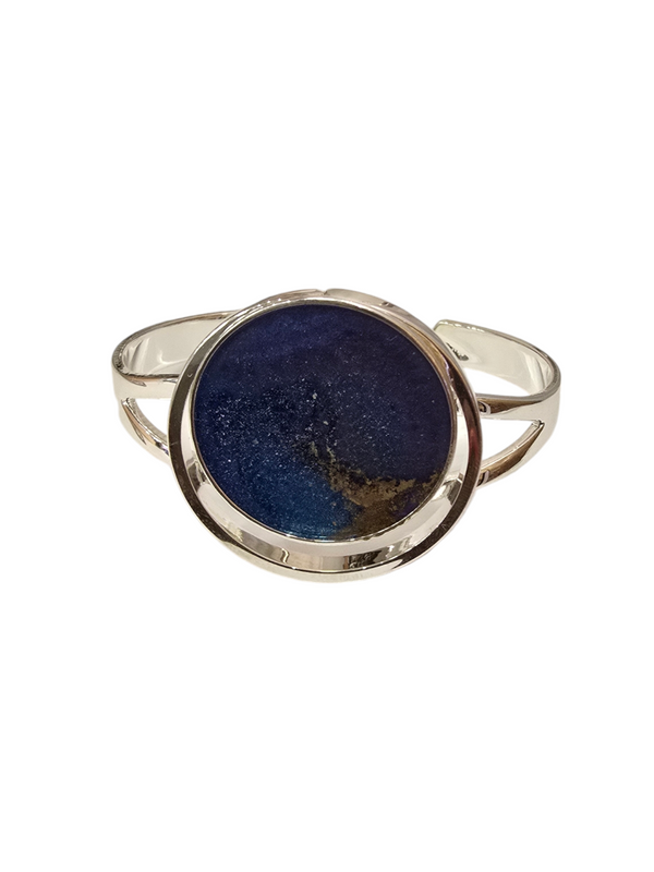 Blue and Gold Resin Cuff Bracelet | Sterling Silver Plated | Unique Handmade Jewelry