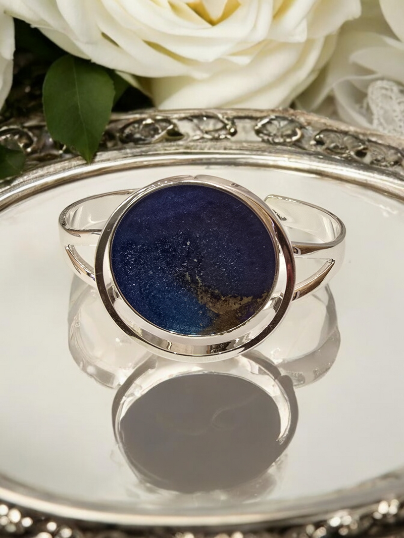 Blue and Gold Resin Cuff Bracelet | Sterling Silver Plated | Unique Handmade Jewelry