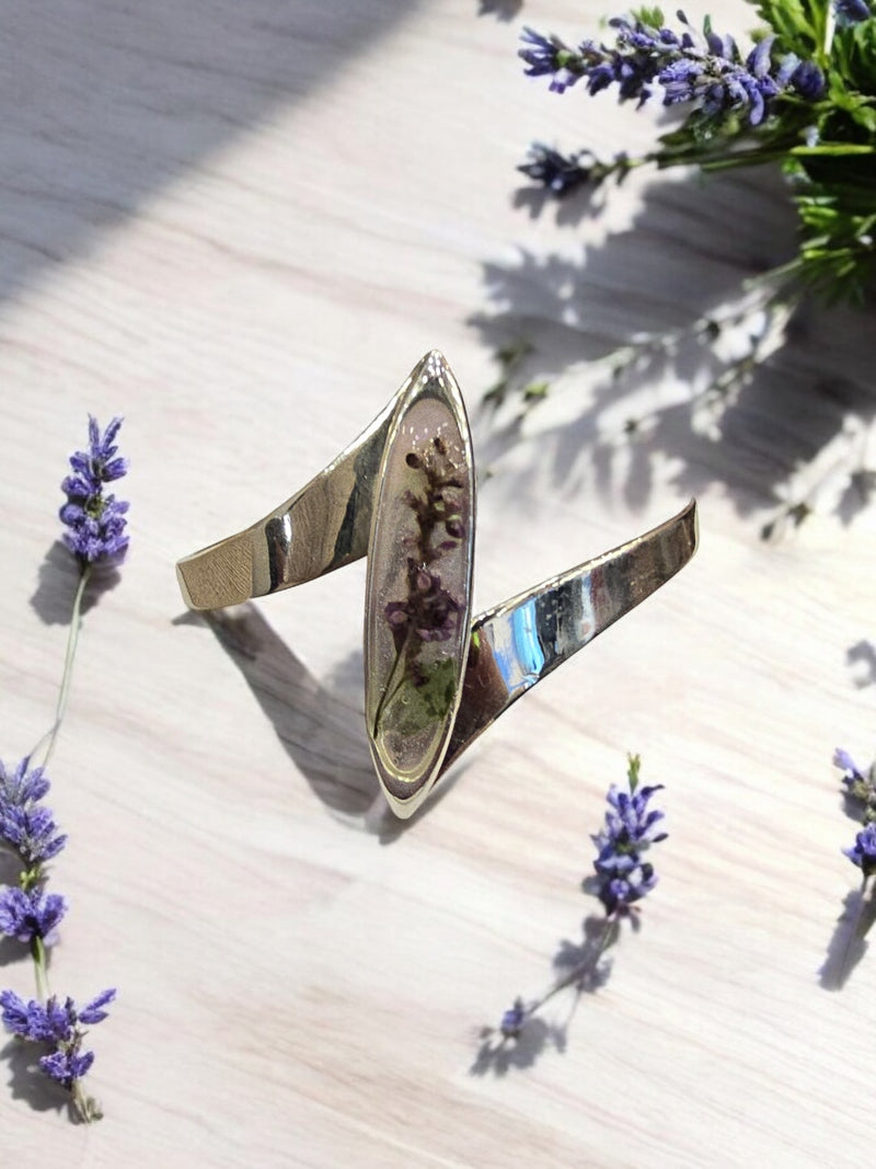 Lavender Floral Resin Ellipse Cuff Bracelet | Unique Handmade Jewelry