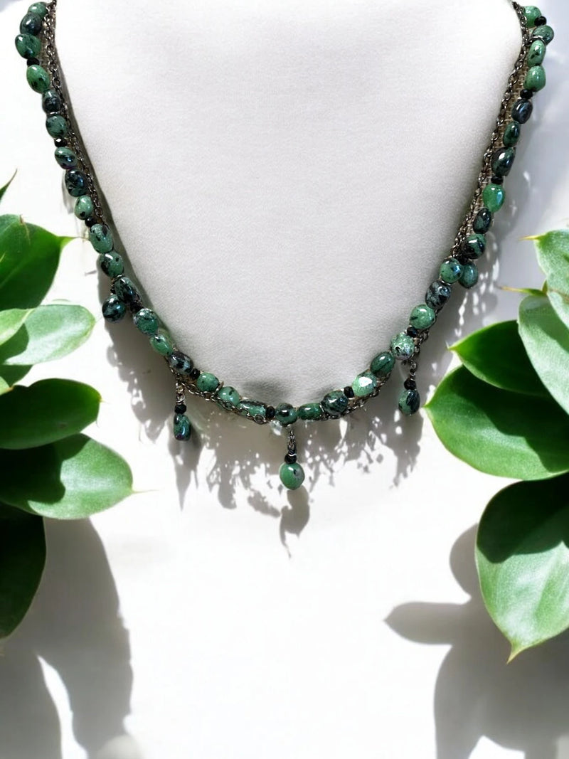 Green Ruby Zoisite Double Strand Necklace with Gunmetal Chain | Edgy and Elegant