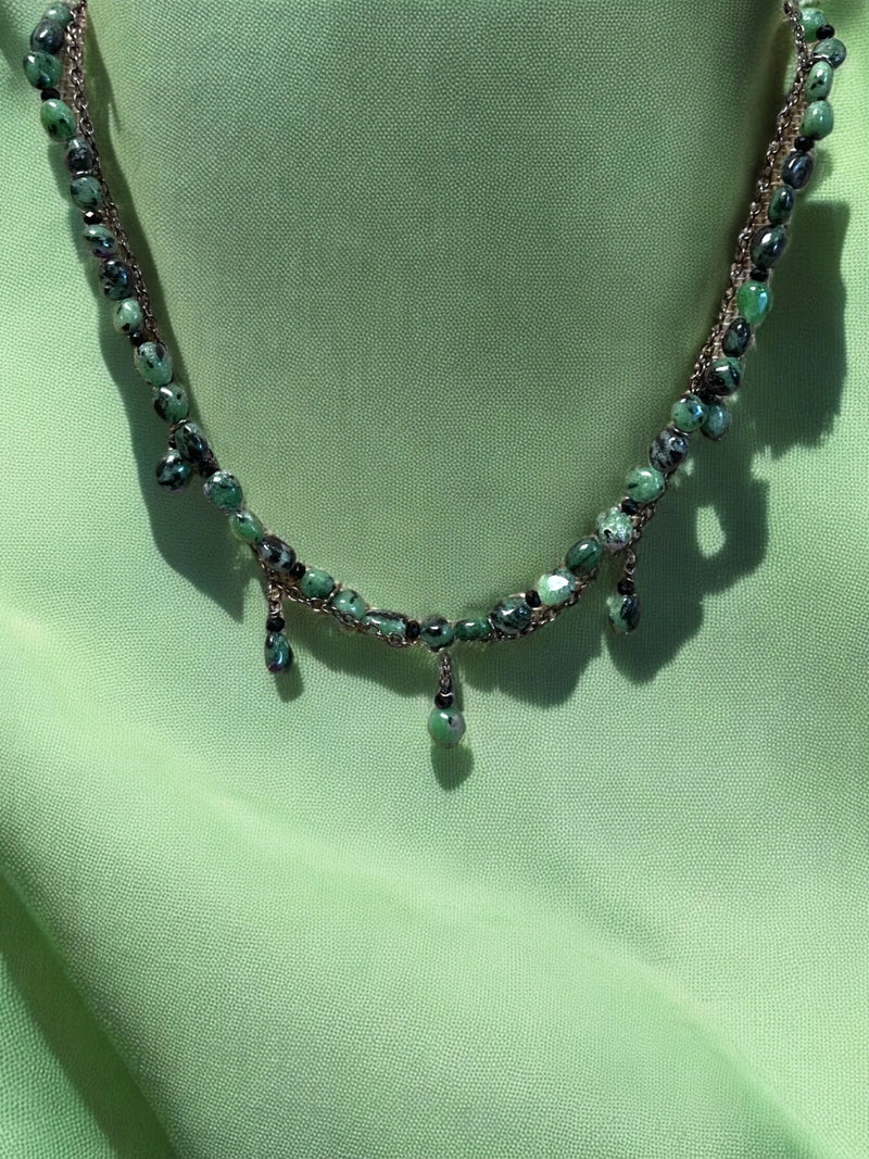 Green Ruby Zoisite Double Strand Necklace with Gunmetal Chain | Edgy and Elegant