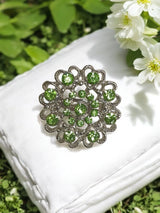 Silver Heart Circle Brooch with Light Green Crystals