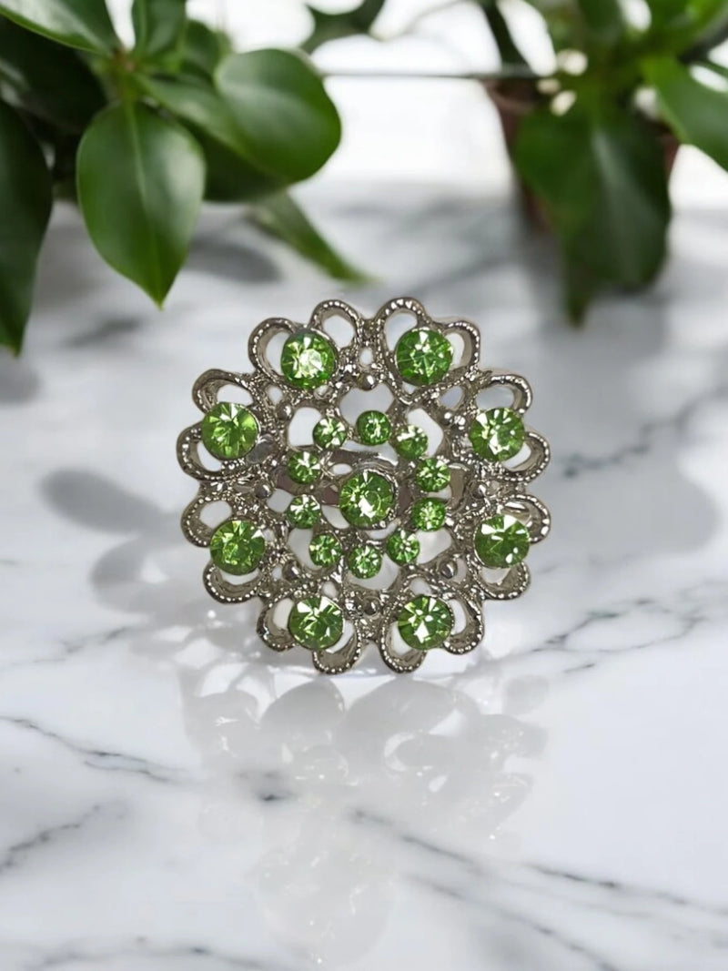 Silver Heart Circle Brooch with Light Green Crystals