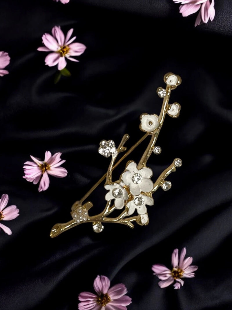 White Flower Brooch with Crystals