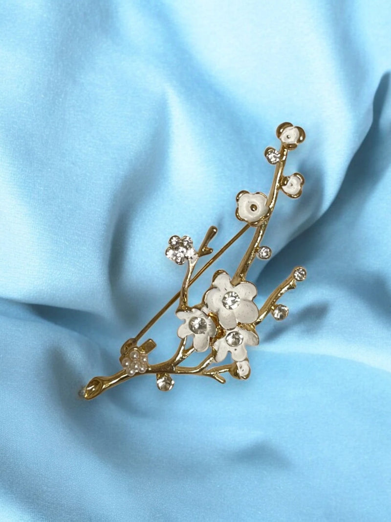 White Flower Brooch with Crystals