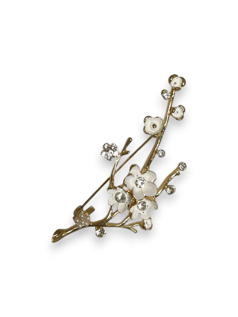 White Flower Brooch with Crystals