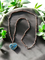 Blue and Brown Heart Pendant Long Necklace on Copper Chain