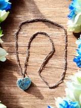 Blue and Brown Heart Pendant Long Necklace on Copper Chain