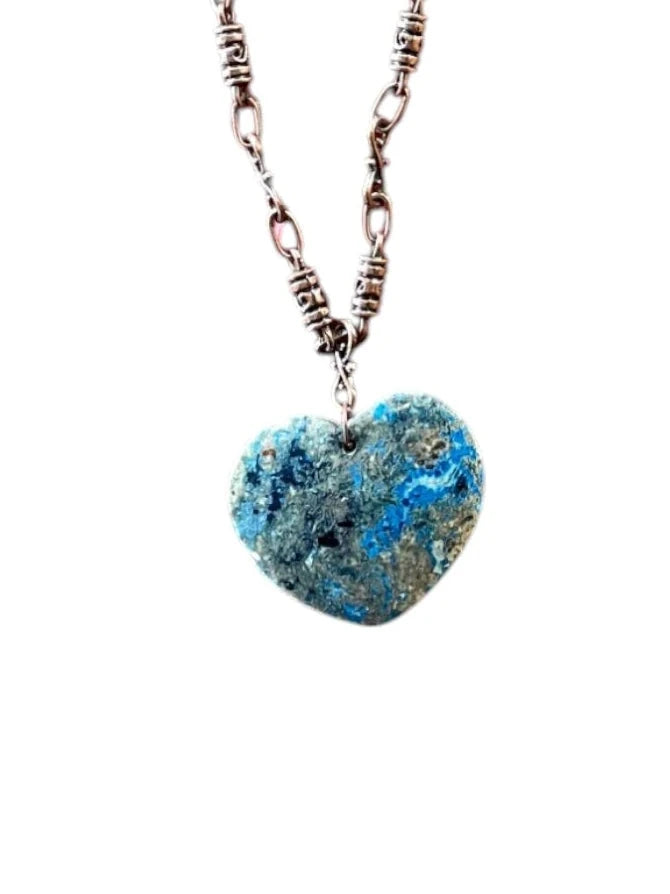 Blue and Brown Heart Pendant Long Necklace on Copper Chain