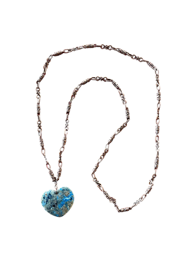 Blue and Brown Heart Pendant Long Necklace on Copper Chain