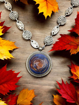 Blue, Orange and Purple Resin Filigree Necklace - Long & Boho Chic