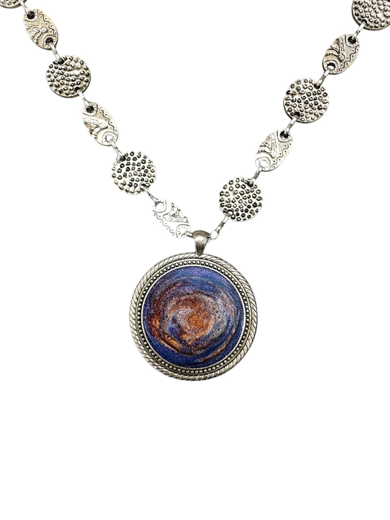 Blue, Orange and Purple Resin Filigree Necklace - Long & Boho Chic