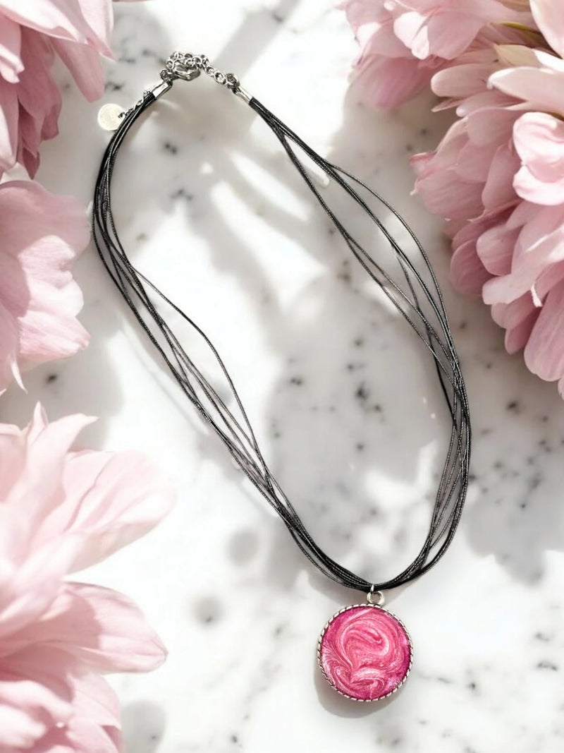 Breast Cancer Awareness Necklace - Pink & White Sparkle Resin Swirl Pendant