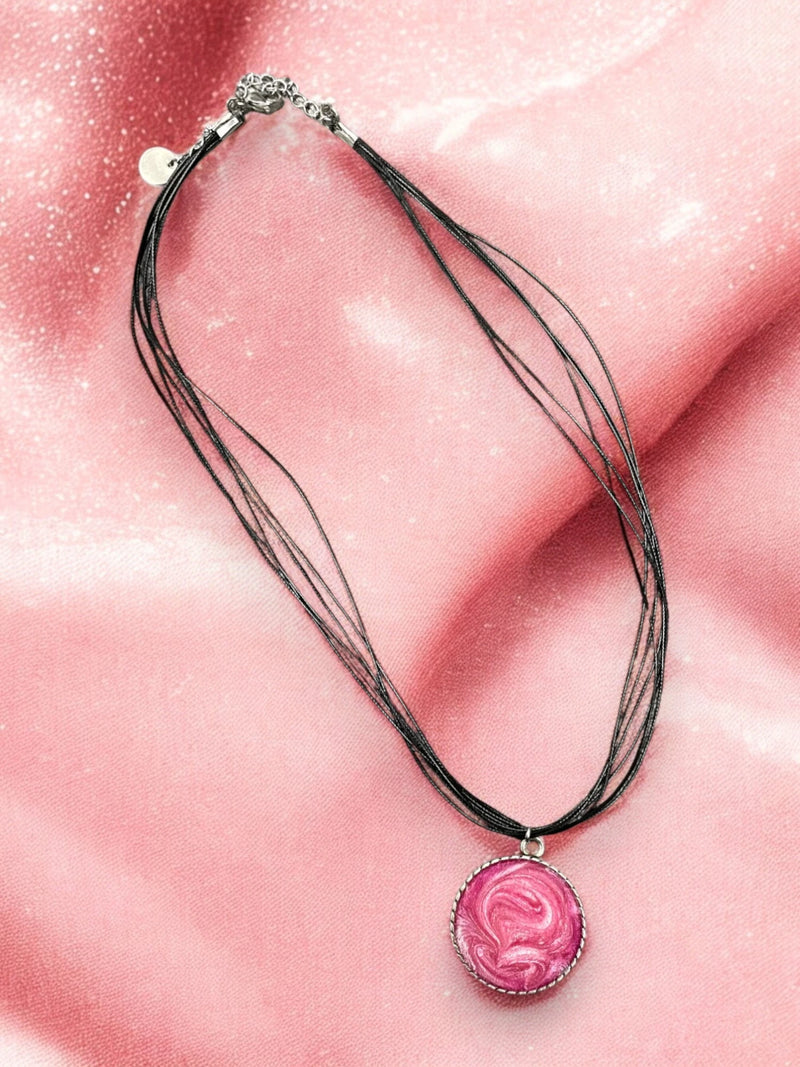 Breast Cancer Awareness Necklace - Pink & White Sparkle Resin Swirl Pendant