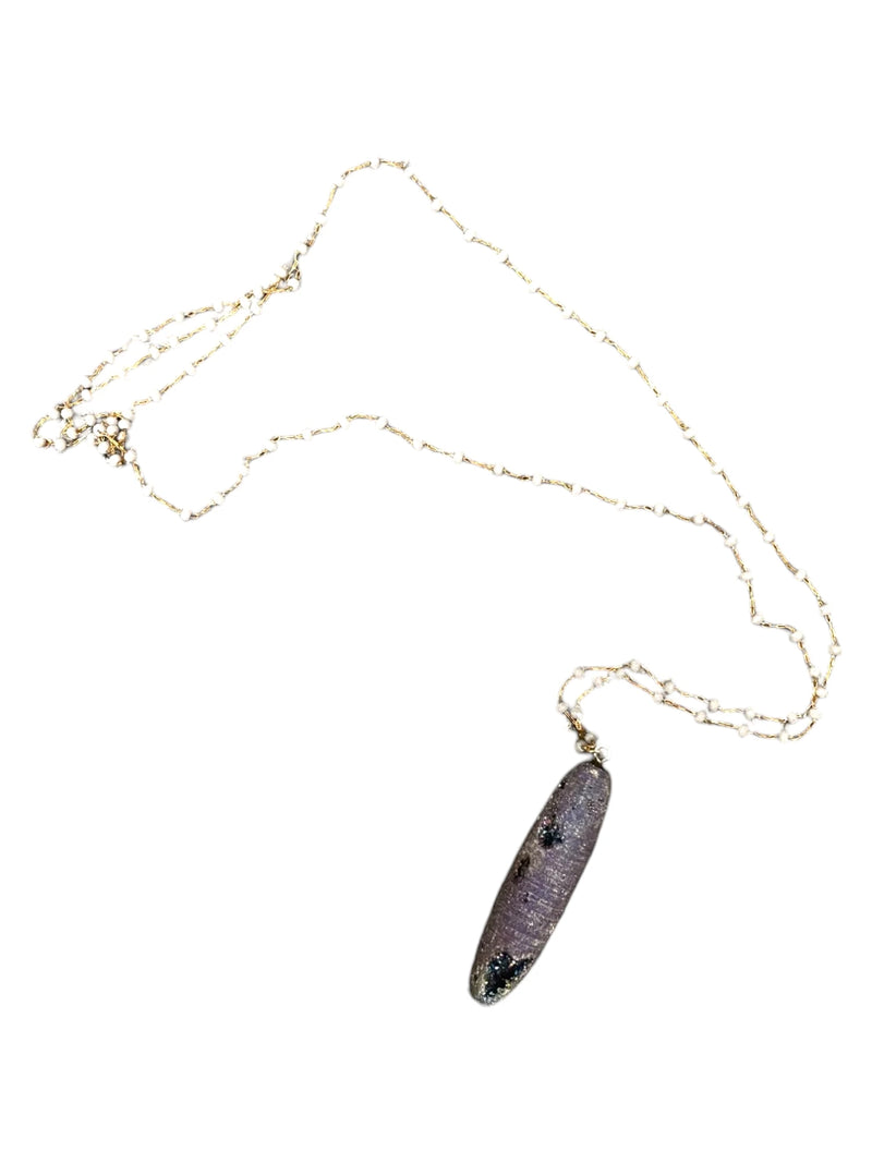 Purple Druzy Stone Pendant Necklace with White Crystals - Gold Chain