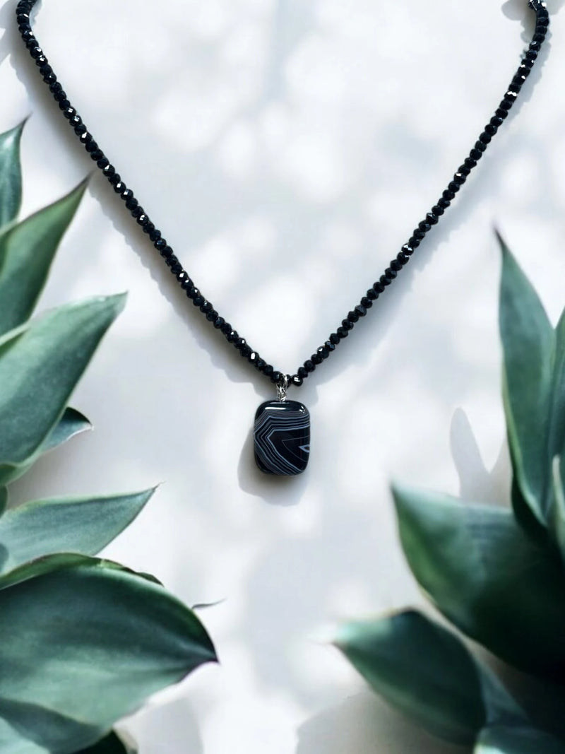 Black Sardonyx Stone Pendant Necklace - Elegant & Grounding Jewelry