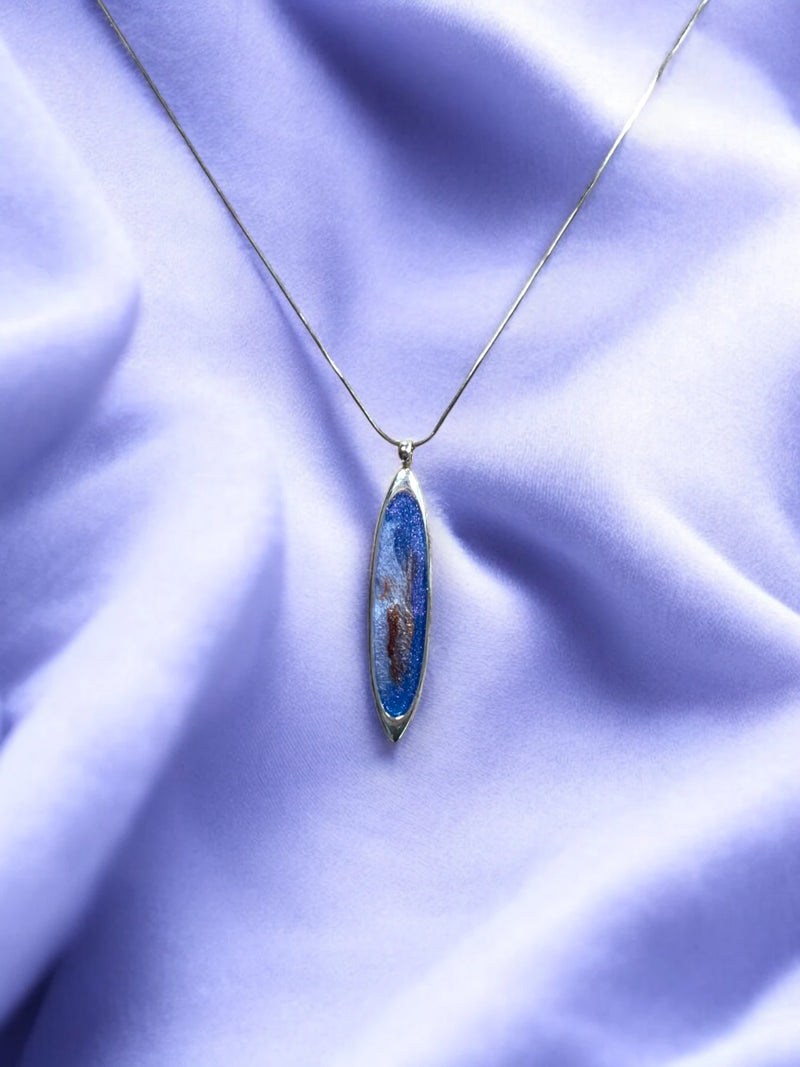 Blue & Brown Resin Ellipse Pendant Necklace - Sterling Silver - Unique & Elegant