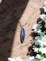 Blue & Brown Resin Ellipse Pendant Necklace - Sterling Silver - Unique & Elegant