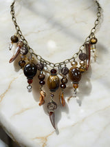 Gemstone Cluster Bib Necklace - Antique Gold - Tiger Eye or Turquoise Amazonite