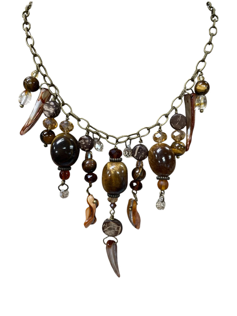 Gemstone Cluster Bib Necklace - Antique Gold - Tiger Eye or Turquoise Amazonite