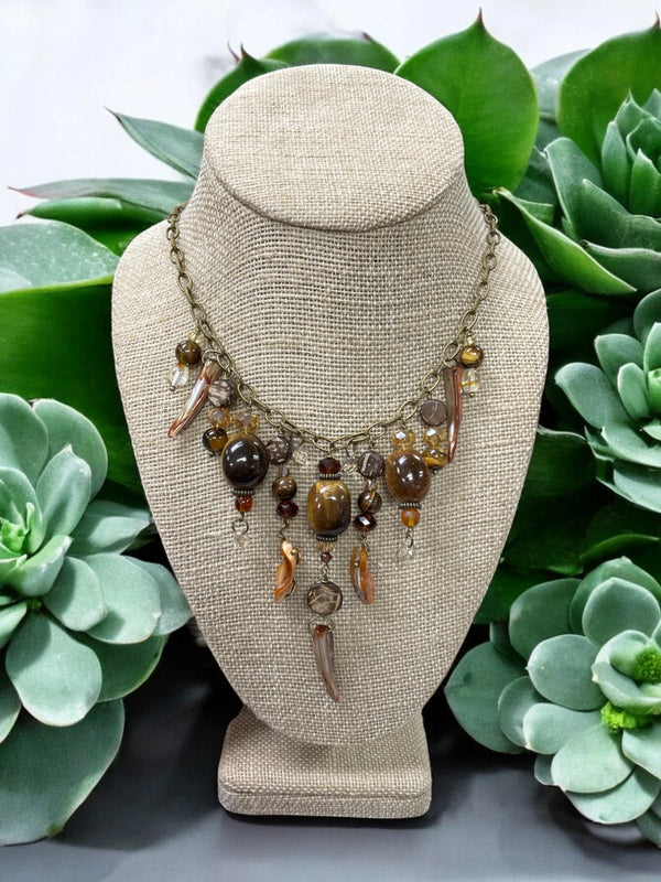 Gemstone Cluster Bib Necklace - Antique Gold - Tiger Eye, Turquoise Amazonite, and Amethyst