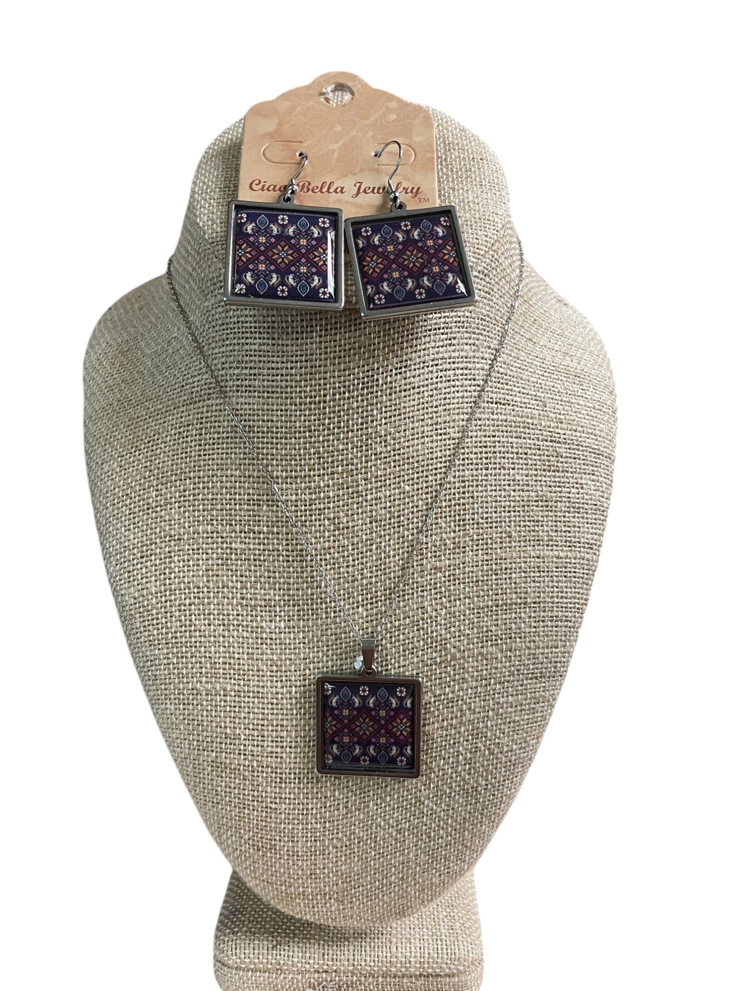 Purple Embroidery Pattern Square  Jewelry Set -  Silver Necklace & Earrings | Unique & Trendy