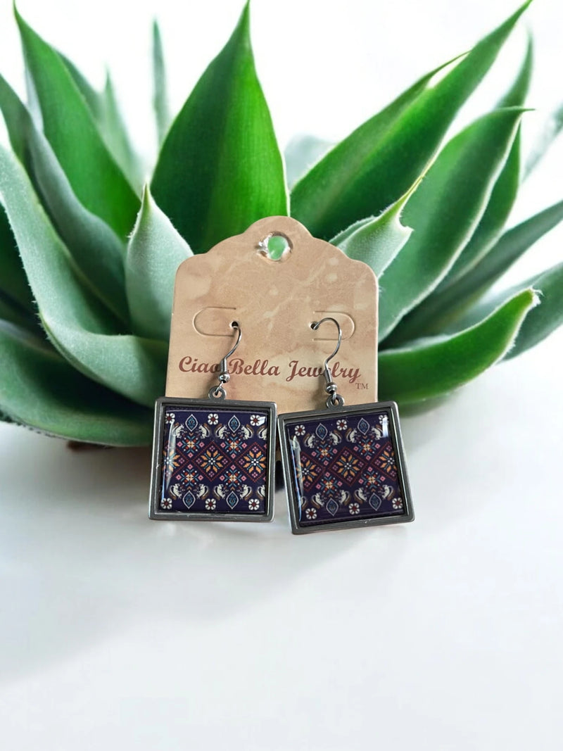 Purple Square Pattern Jewelry Set - Sterling Silver Necklace & Earrings | Unique & Trendy