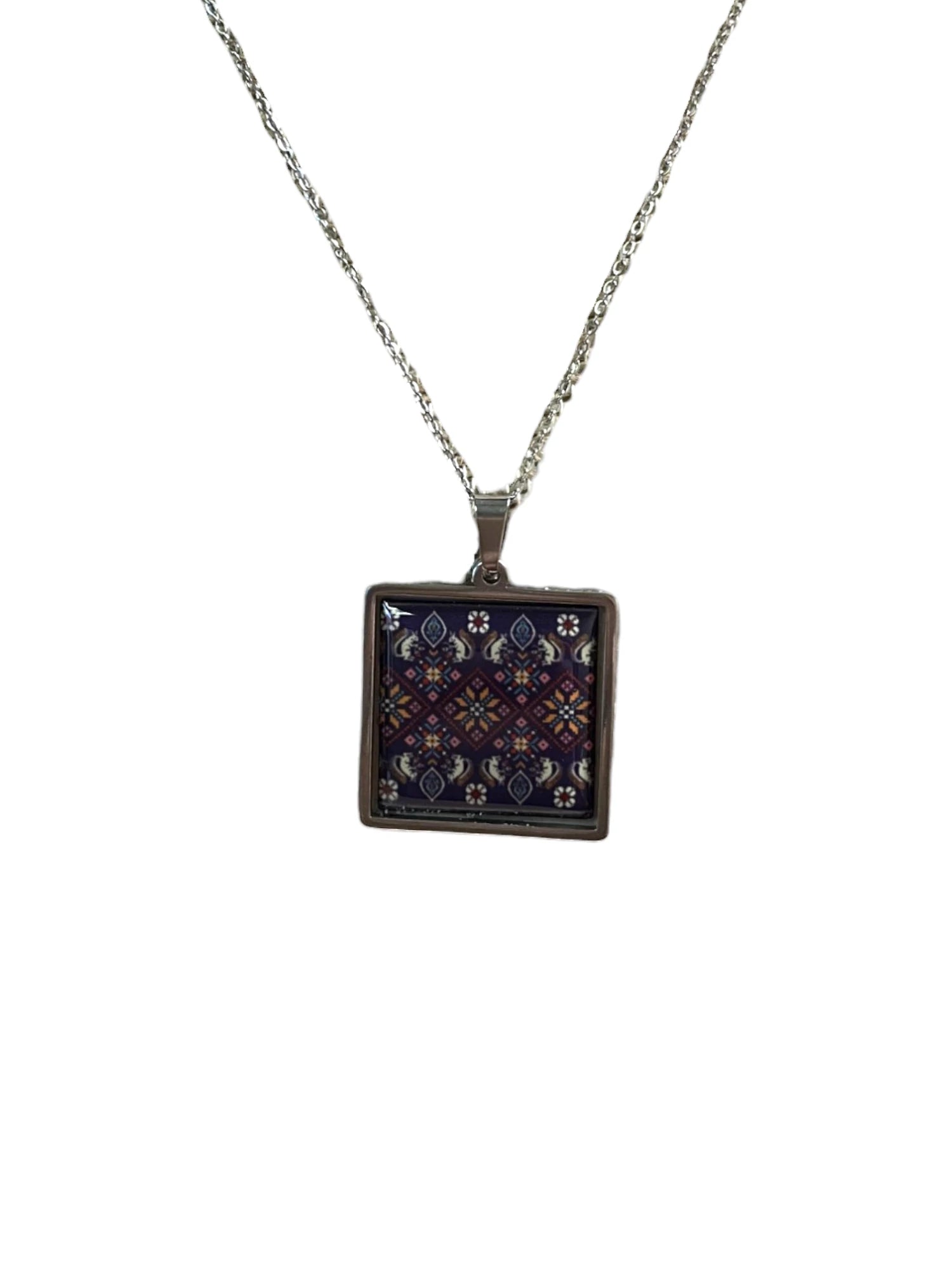 Purple Embroidery Pattern Square  Jewelry Set -  Silver Necklace & Earrings | Unique & Trendy