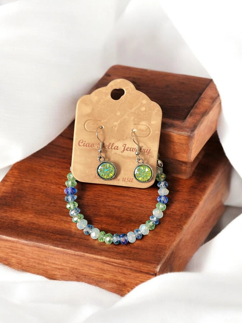 Green & Blue Crystal Jewelry Set, Beaded Bracelet & Druzy Earrings