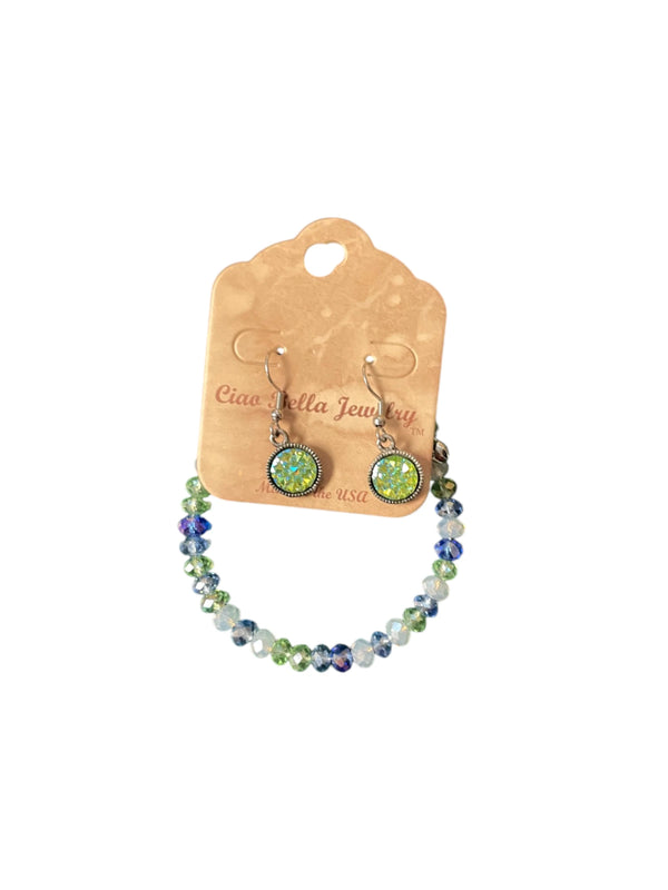 Green & Blue Crystal Jewelry Set, Beaded Bracelet & Druzy Earrings