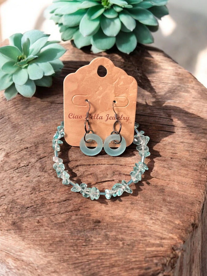 Aquamarine & Sea Glass Jewelry Set, Beaded Bracelet & Hoop Earrings