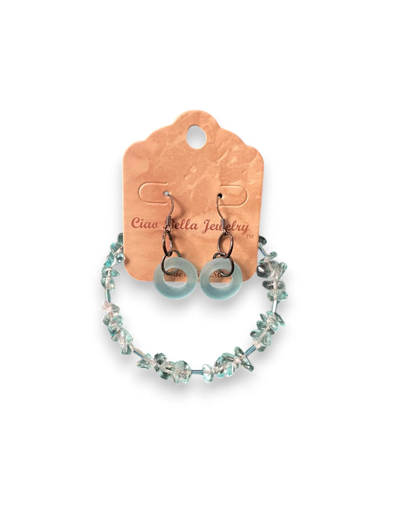 Aquamarine & Sea Glass Jewelry Set, Beaded Bracelet & Hoop Earrings