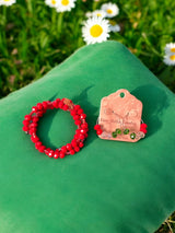 Blood Red Beaded Jewelry Set, Wrap Bracelet & Crystal Hoop Earrings