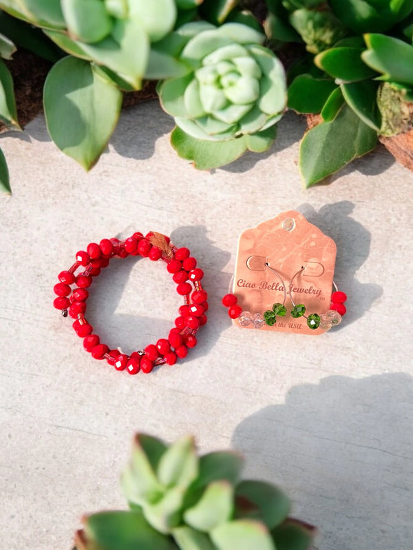 Blood Red Beaded Jewelry Set, Wrap Bracelet & Crystal Hoop Earrings