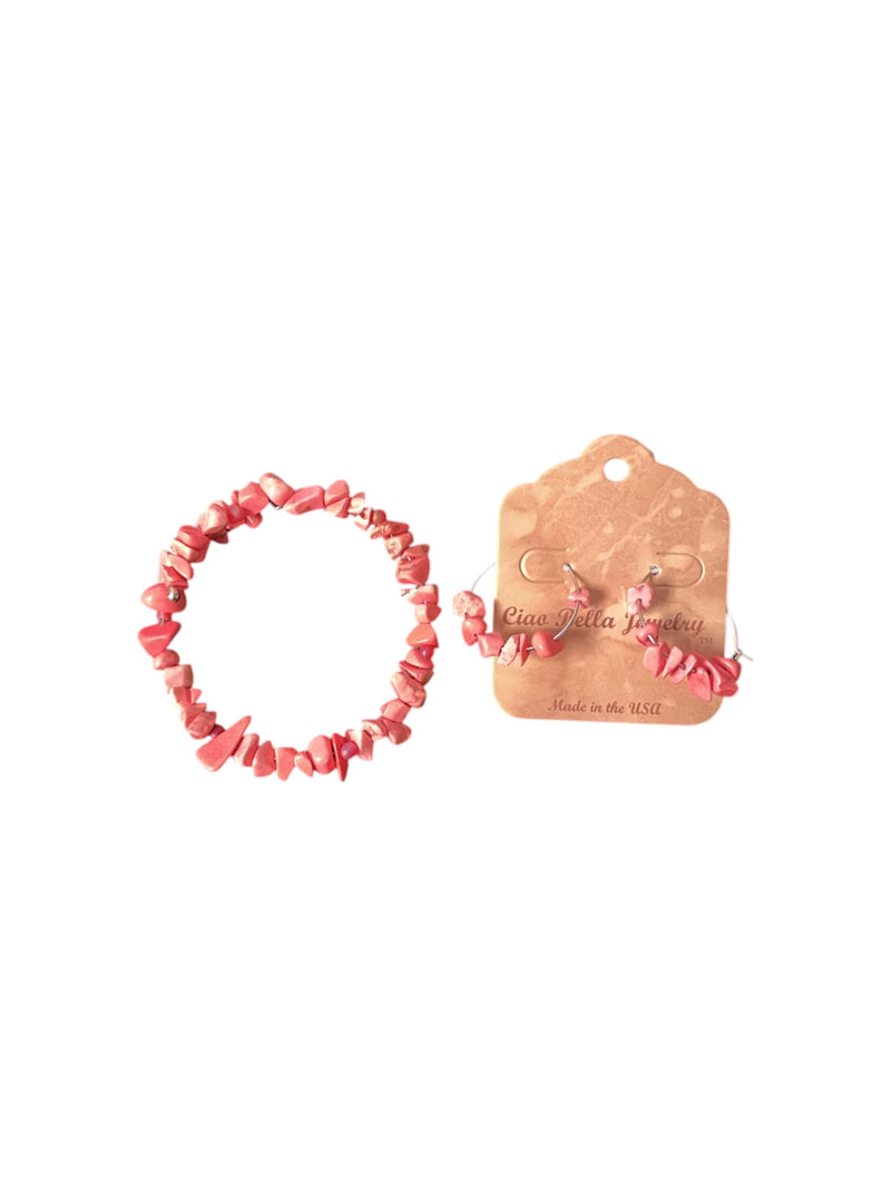 Pink Stone Jewelry Set, Wrap Bracelet & Hoop Earrings