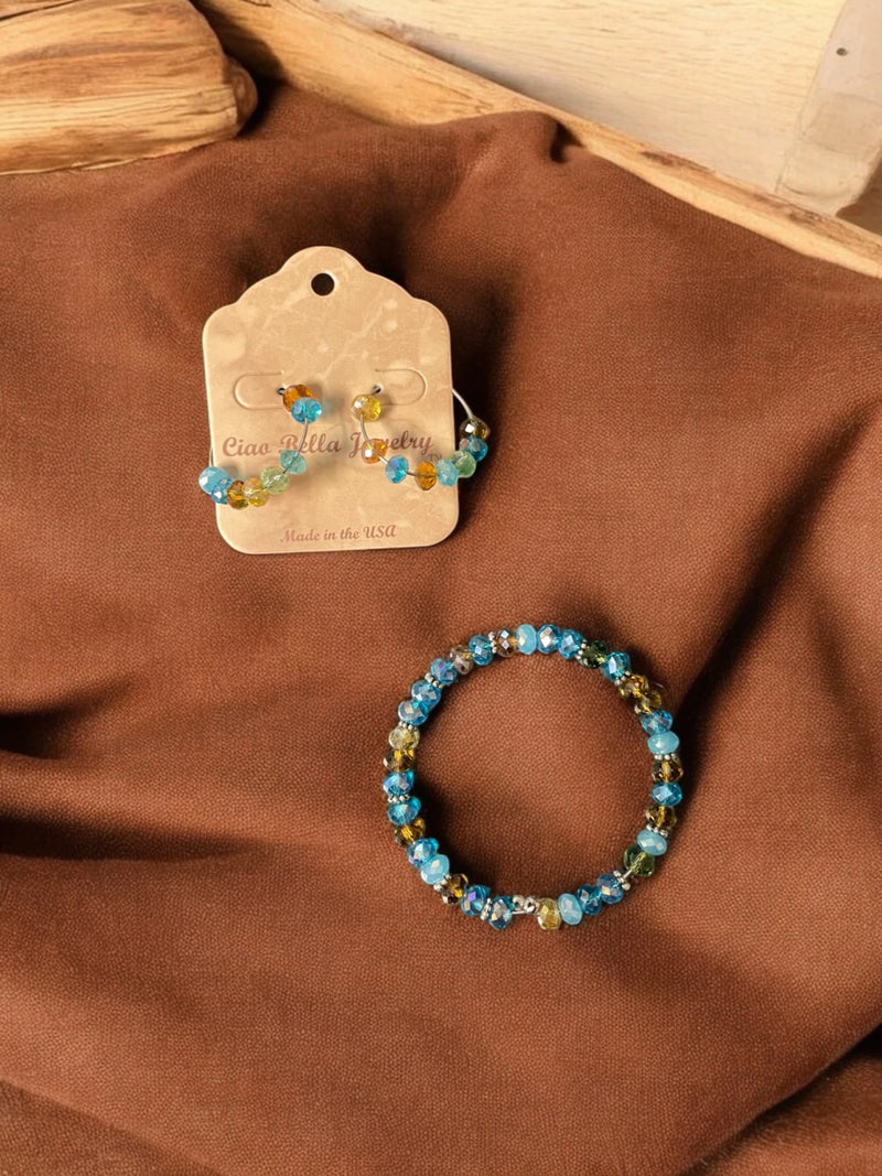 Turquoise & Gold Beaded Jewelry Set, Wrap Bracelet & Hoop Earrings