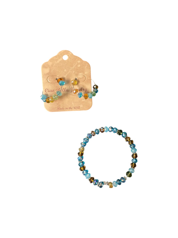 Turquoise & Gold Beaded Jewelry Set, Wrap Bracelet & Hoop Earrings